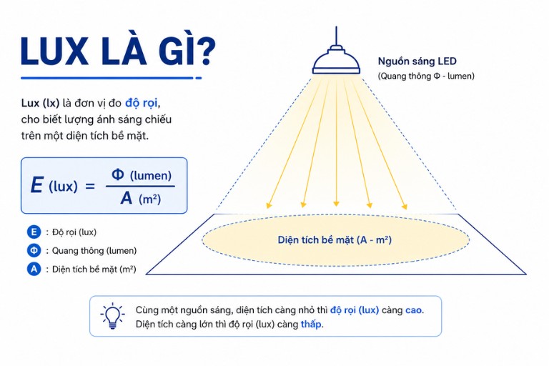 Minh họa Lux là lượng ánh sáng trên một đơn vị diện tích