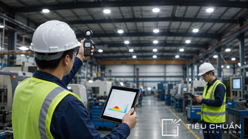 Kỹ sư audit hệ thống chiếu sáng nhà xưởng bằng lux meter