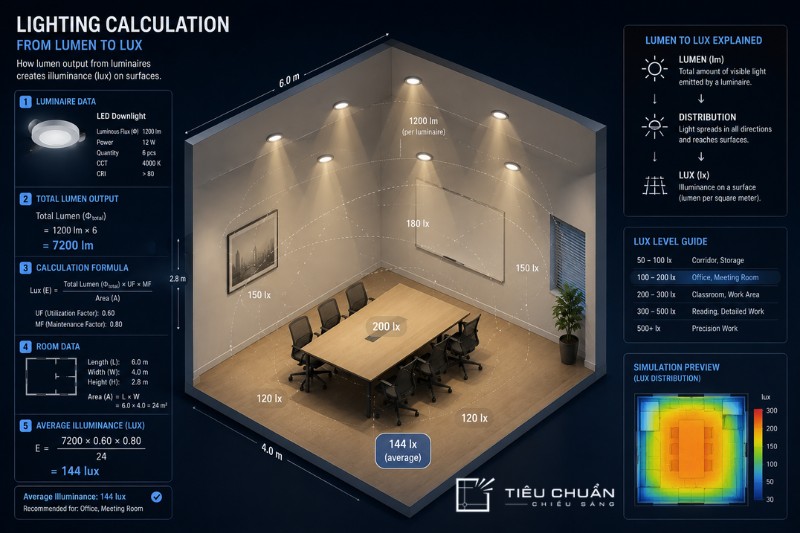 Minh họa cách tính số Lumen cần thiết cho phòng