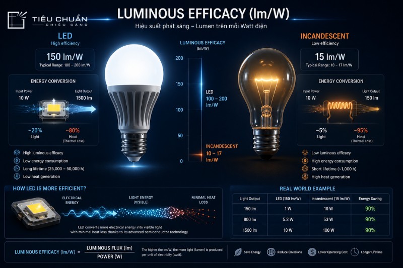 Hiệu suất phát quang Lumen trên Watt của đèn LED