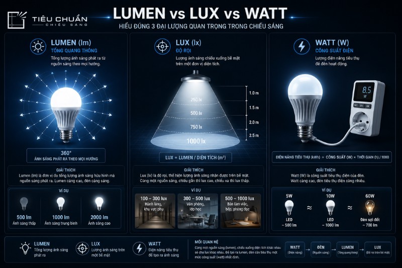 So sánh sự khác nhau giữa Lumen Lux và Watt