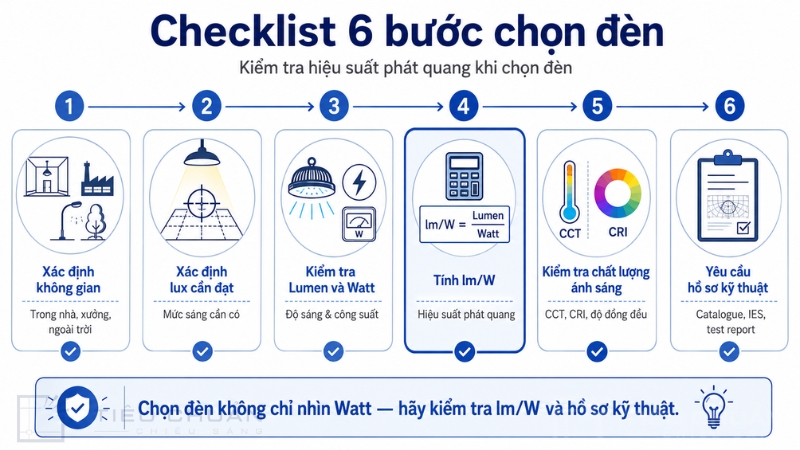 Checklist kiểm tra hiệu suất phát quang khi chọn đèn
