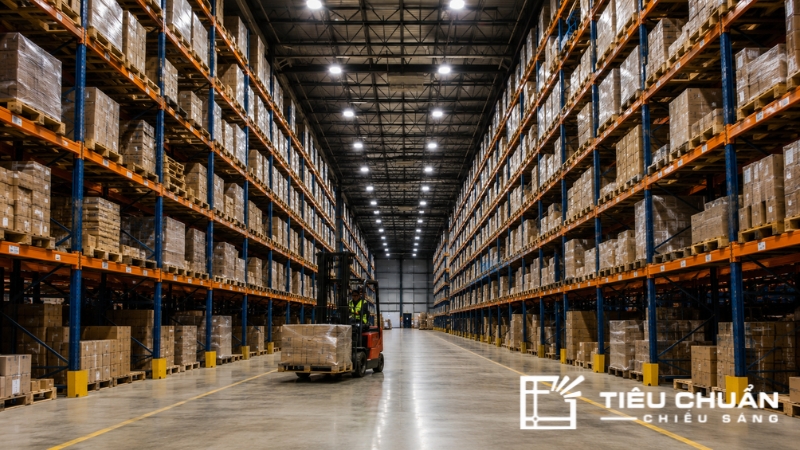 Chiếu sáng kệ cao tầng kho logistics