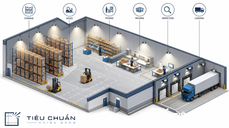 Khu vực chiếu sáng trong kho logistics