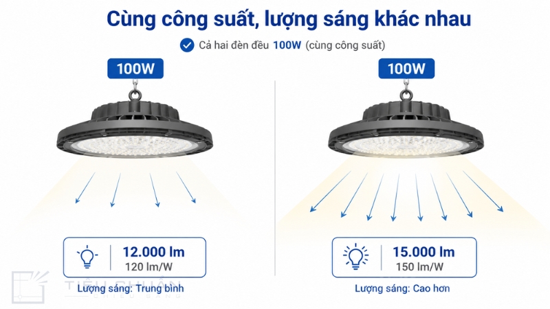 So sánh đèn cùng công suất khác hiệu suất phát quang