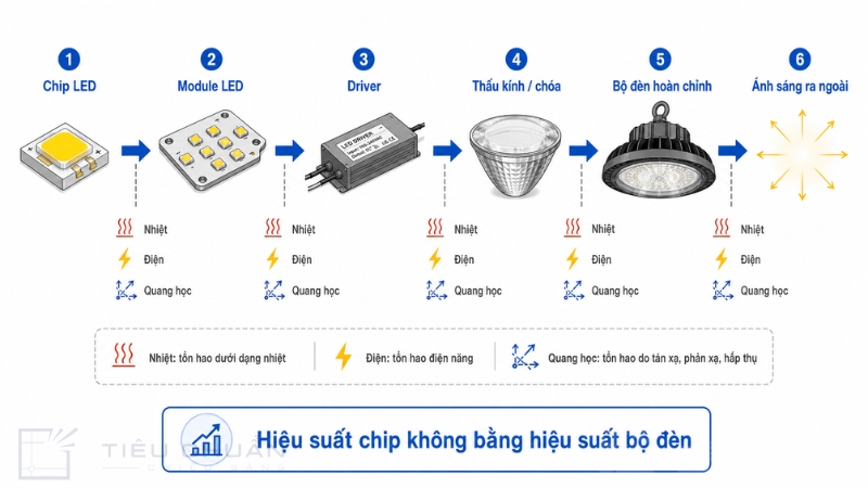 Tổn hao hiệu suất từ chip LED đến bộ đèn