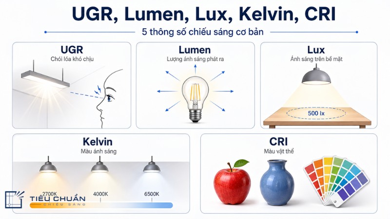 So sánh UGR với Lumen Lux Kelvin và CRI trong chiếu sáng