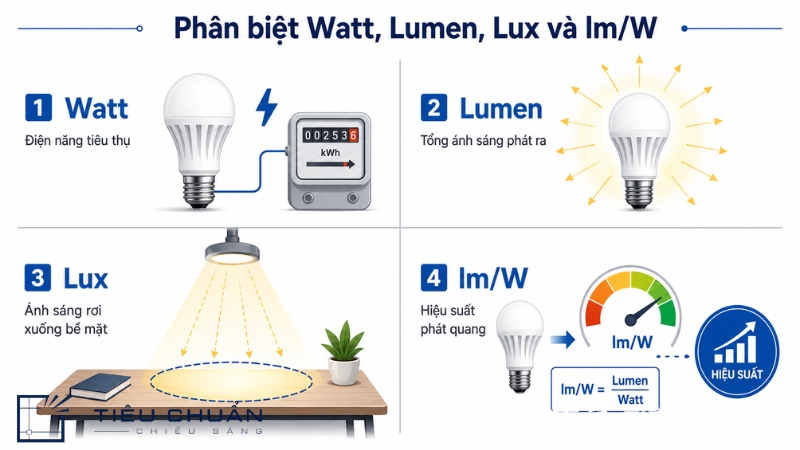 So sánh Watt Lumen Lux và hiệu suất đèn